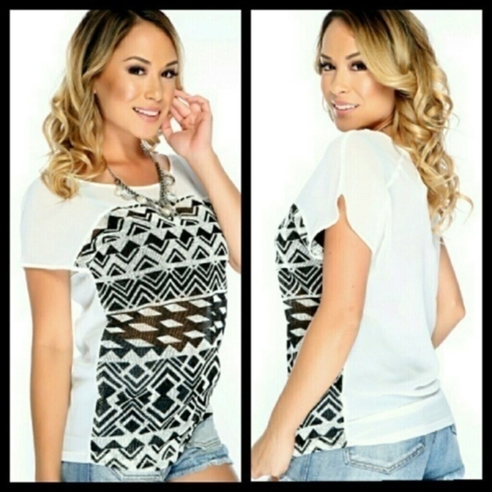 WHITE BLACK SHEER AZTEC SHORT SLEEVE CASUAL TOP